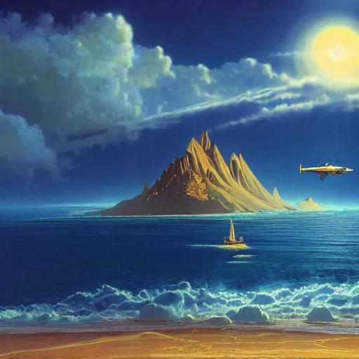 Prompt: beautiful matte painting of golden shores of a blue dreamy ocean, heavenly island in the clouds floating above the ocean, spaceship flying by, towering mountains emerging from the ocean, sci - fi, daylight, blue sky, cinematic lighting, cinematic perspective, album cover art, syd mead, john harris, federico pelat