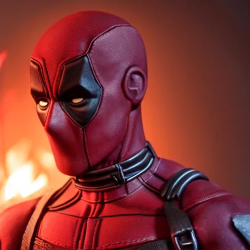 Image similar to wade wilson claymation, deadpool, cinematic, volumetric lighting