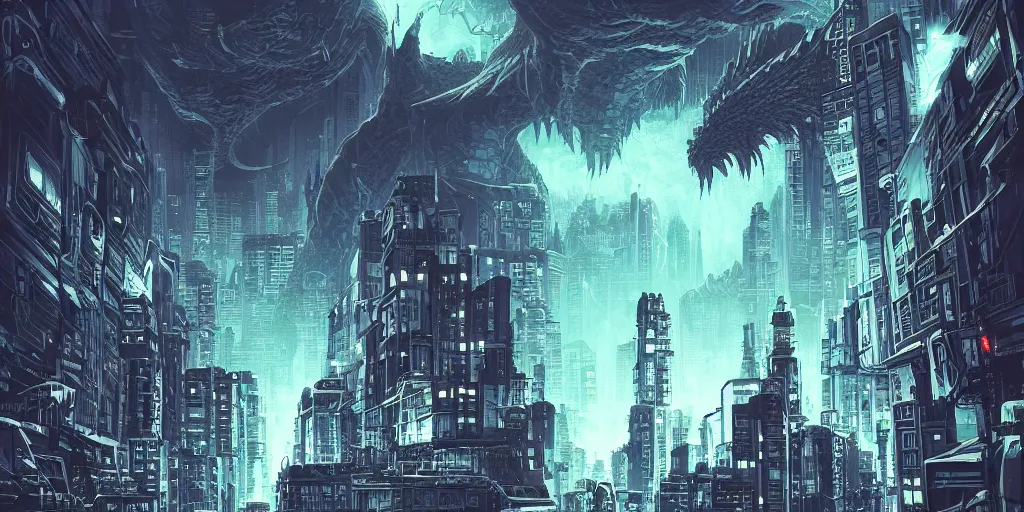 Prompt: kaiju rampage in 2099 Neo-Tokyo, digital matte black paper art pastiche by Moebius and by Cyril Rolando, Beautiful epic cityscape, pastiche by Moebius, Cyril Rolando, Shawn Coss, Junji Ito, and Roger Dean