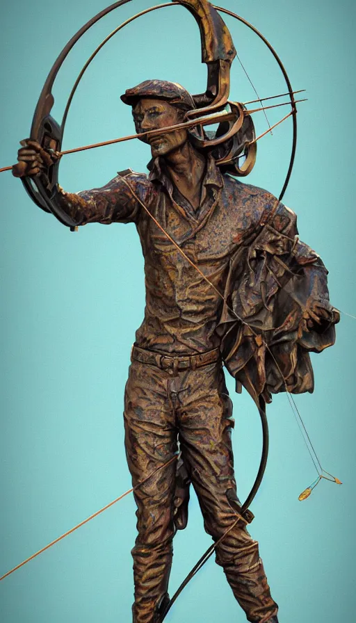 Image similar to An epic fantastic realism comic book style painting of a distressed bronze archery sculpture from the future by Stanislaw Szukalski, beautiful colorful flowers rain down, gilded marbled paper background, archer, fisheye lens, unreal 5, DAZ, hyperrealistic, octane render, dynamic lighting