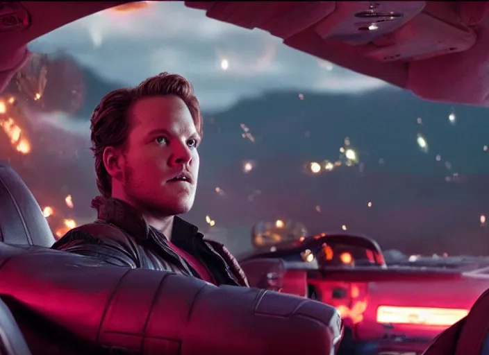 Image similar to a very high resolution image from a new movie, starlord. inside of a car. mountains, falling stars, directed by wes anderson