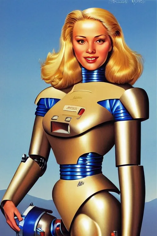 Prompt: beautiful blonde girl wearing robot suit, by greg hildebrandt