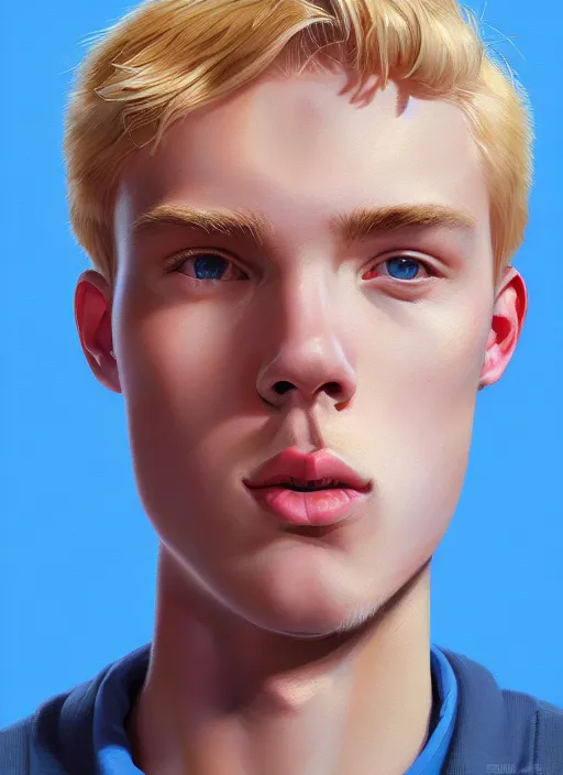 Image similar to portrait of a high school senior boy named big moose, blonde short hair, jock, beefy, wide face, square jaw, square facial structure, blue varsity jacket, intricate, elegant, glowing lights, highly detailed, digital painting, artstation, concept art, smooth, sharp focus, illustration, art by wlop, mars ravelo and greg rutkowski