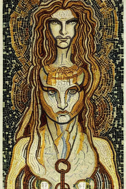 Image similar to a ceramic mosaic of astarte, detailed faces, intricate detail, by austin osman spare, occult art, alchemical diagram