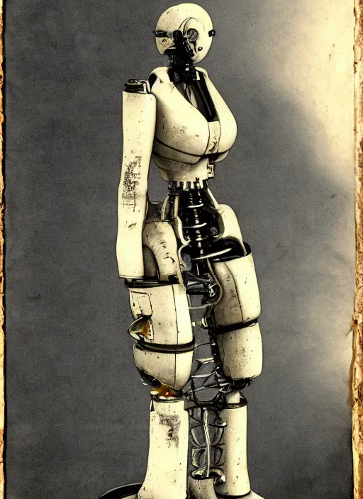 Image similar to 1 8 8 5 frontal photo of a steampowered riveted glados from portal 2, daguerrotype, high quality