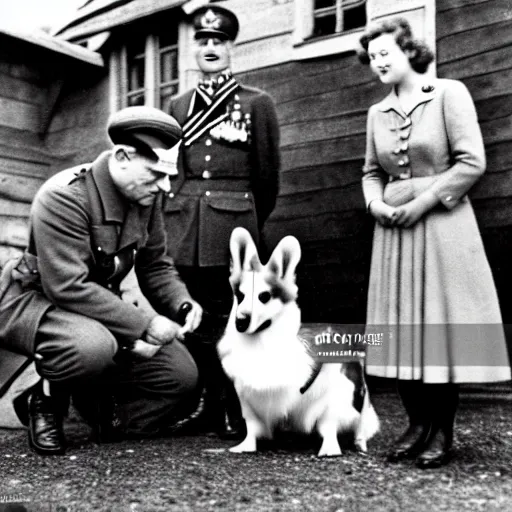 Prompt: ultra wide 1 9 4 6 blurry historical photo of a single german general kneeling, a young queen elizabeth and her brown and white corgi watch him, french village exterior, highly detailed, sharp focus