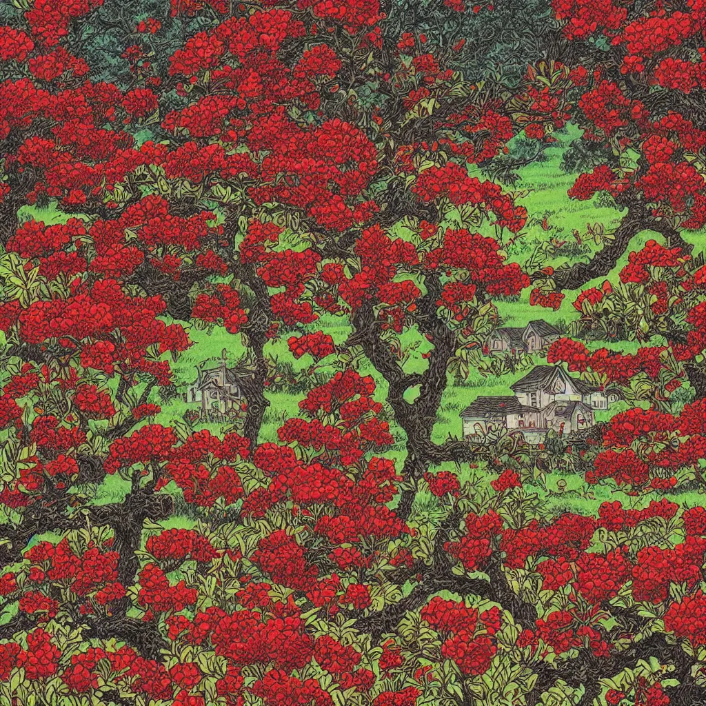 Image similar to warm red, steampunk eclectic, shadowy by shotaro ishinomori, by todd schorr. a beautiful drawing depicting a farm scene. the drawing shows a view of an orchard with trees in bloom.