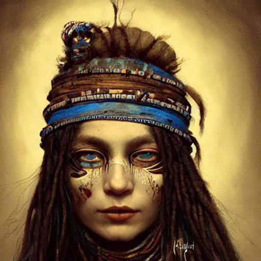 Image similar to A young blindfolded shaman woman with a decorated headband, in the style of heilung, blue hair dreadlocks and wood on her head, atmospheric lighting, intricate detail, cgsociety, ambient light, dynamic lighting, art by karol bak