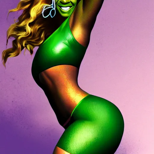Image similar to Singer Beyoncé as She-Hulk, smiling, photorealistic drawing, sports illustrated, detailed legs, hyperreal, surreal, artstation, bokeh, tilt shift photography, photo illustration
