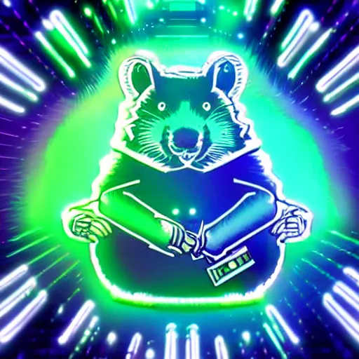 Image similar to cyberpunk hamster! holding rainbow! gem! crystal, neon lights, light reflection, logo, 8 k, hd