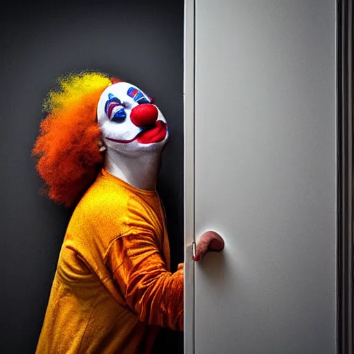 Prompt: clown peeking head out of closet nightmare