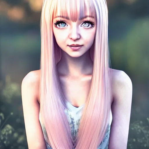 Image similar to beautiful intricate photograph of nikki from shining nikki dress - up game, a cute young woman, light pink hair, long hair with full bangs, full heart - shaped face, amber eye color, pale skin, light blush, chinese heritage,, smiling softly, golden hour, soft focus, 8 k, hyperrealism, hyperdetailed