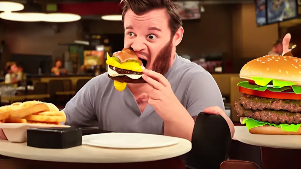 Image similar to the strange creature eats a cheeseburger, at the fast food restaurant, television commercial, studio lighting, extremely professional