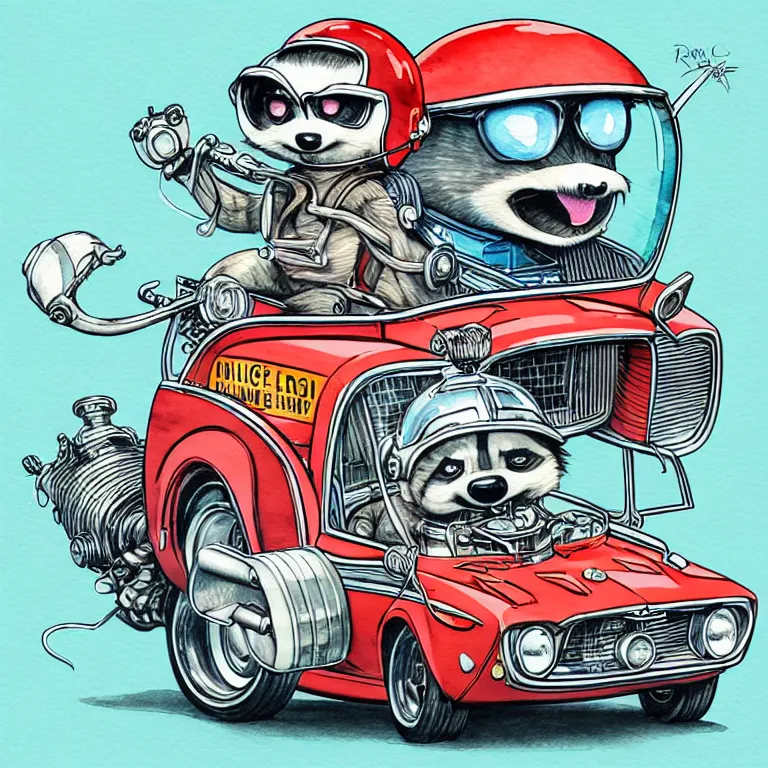 Image similar to cute and funny, racoon wearing a helmet riding in a 1 9 6 5 ford shelby with oversized engine, ratfink style by ed roth, centered award winning watercolor pen illustration, isometric illustration by chihiro iwasaki, edited by range murata, tiny details by artgerm and watercolor girl, symmetrically isometrically centered, sharply focused