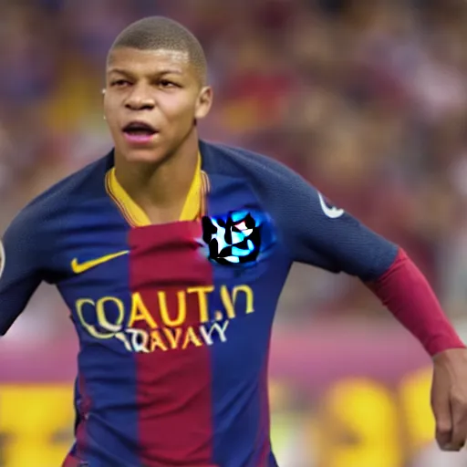 Image similar to Kylian Mbappé playing for FC Barcelona very detailed cinematic hyperrealistic 4k