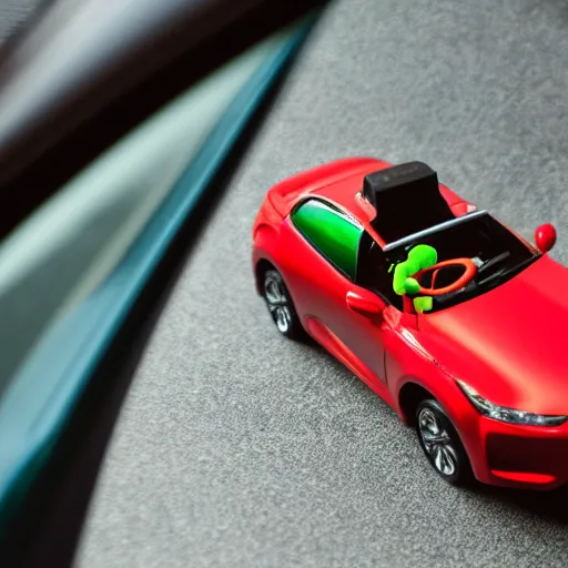 Prompt: a red haired woman driving a Jada toys mitsubishi eclipse green diecast car, high resolution macro photo, viewed through the cars window