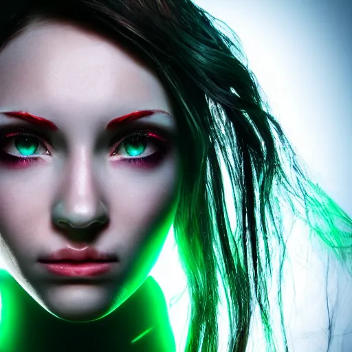 Prompt: a portrait of a beautiful cyborg girl, red hair, glowing green eyes,