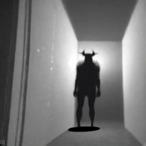 Image similar to hi - 8 night vision camera footage of a barely visible minotaur with shrouded in darkness at the end of an extremely dark hallway