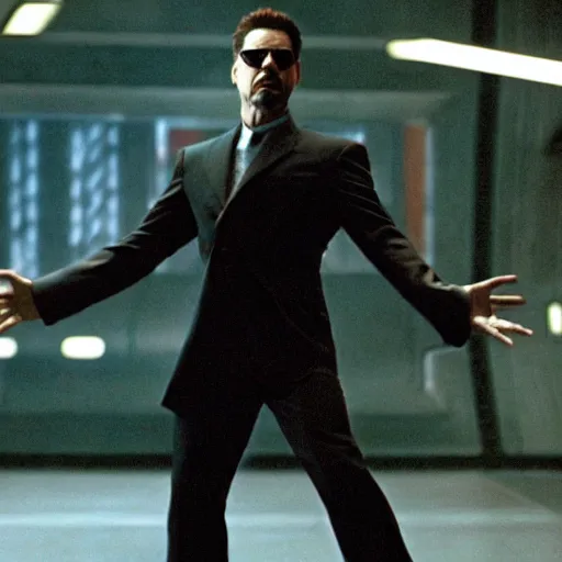 Image similar to cinematic still of Tony Stark in The Matrix (1999), XF IQ4, f/1.4, ISO 200, 1/160s, 8K, RAW, dramatic lighting, symmetrical balance, in-frame