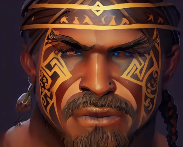 Image similar to sea of thieves character portrait concept art for a tribal native man with polynesian tattoos on his face and a nose ring, cgsociety, trending on artstation, rare ltd,