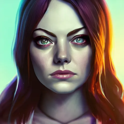 Image similar to emma stone portrait, arcane netflix, arcane vi, arcane jinx, concept portrait, riot, acrace catoon, detailed expression, high quality, cinematic lighting, fantasy, reflective, spotlight, digital artwork