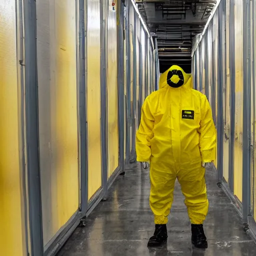 Prompt: a man wearing a yellow hazmat suit inside the dark empty backrooms, liminal space, flickering fluorescent lights, eerie mood