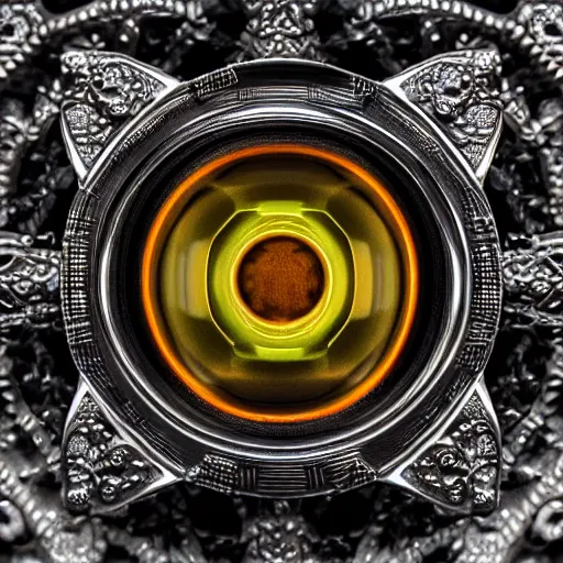 Prompt: a macro photo of a mechanical compound eye, close - up, intricate details, intricate gears and lenses, intricately detailed engravings, intricately detailed markings, intricate textures, warm lighting, vivid colors, realistic octane render, hyper realistic render, volumetric shading, depth of field, raytracing, 8 k,