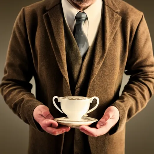 Prompt: full-body photograph of a man with a teacup for a head, hd, 4k