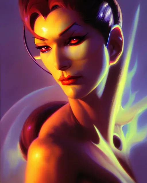 Image similar to widowmaker from overwatch, character portrait, portrait, close up, vintage fantasy art, vintage sci - fi art, radiant light, caustics, by boris vallejo