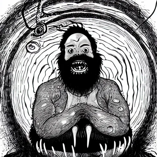 Image similar to bearded man with living teeth and tentacles in the style of the horror film The Thing 1982. Filmic.