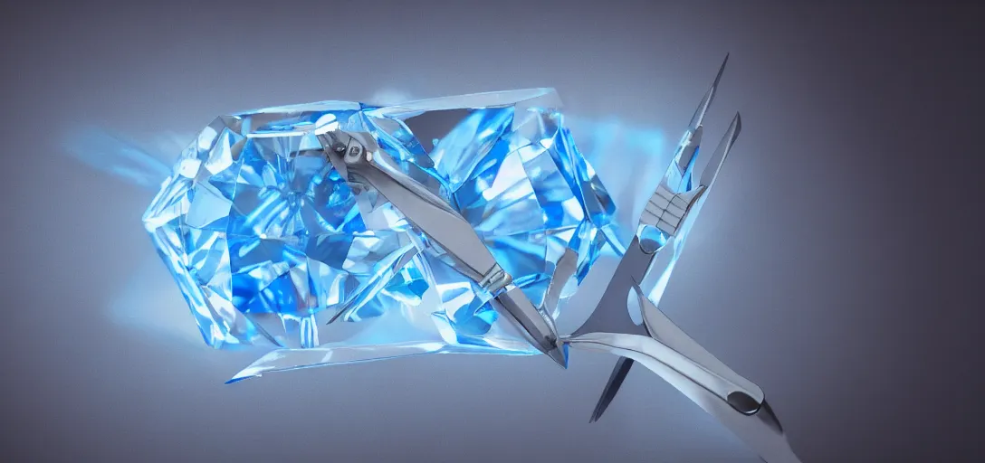 Prompt: a diamond being cut by golden tailor scissors, symmetrical, details, smooth, sharp focus, illustration, realistic, cinematic, artstation,, award winning, rgb, ethereal blue lighting, 8k