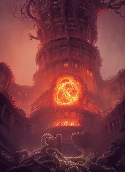 Prompt: giant tentacles and shub - niggurath destroying a glowing mansion in burning vapor dramatic lighting fantomatic head and faces floating catching fire, artstation, matte painting, bastien lecouffe - deharme, aykut aydogdu, allen williams, artem chebokha