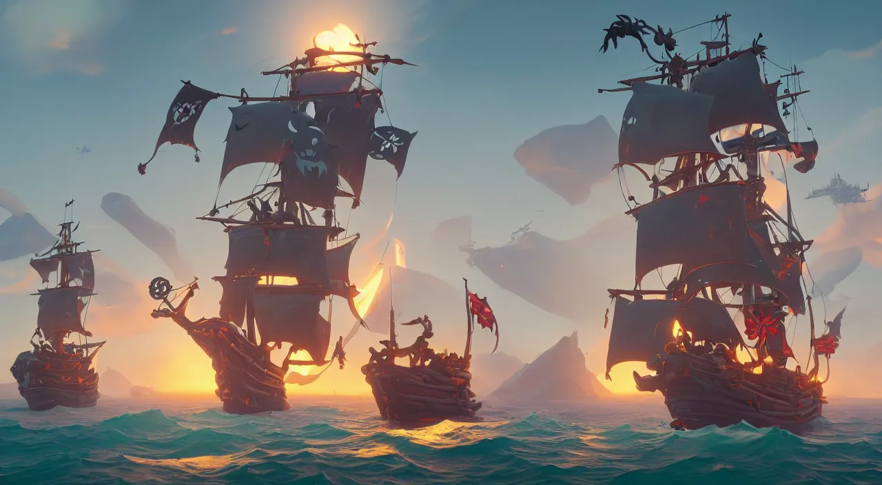 Image similar to a wide shot of a stylized 3D CGI fortnite pirate ghost ship with the black Jolly Roger flag, fantasy art overwatch and heartstone, by RHADS, symmetrical, cgsociety, artstation hq, octane render, 8k,