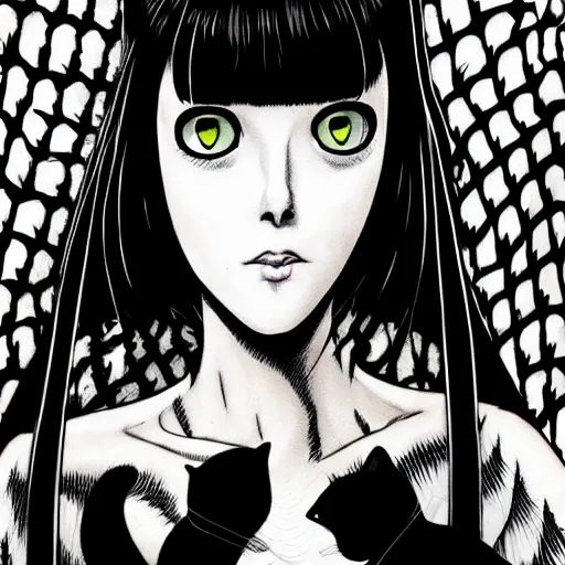 Image similar to portrait of a beautiful woman, gothic, cat eyes, high detail, illustration by junji ito