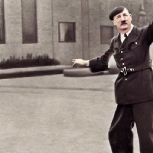 Image similar to hitler holding a suitcase and dancing, realistic, hd