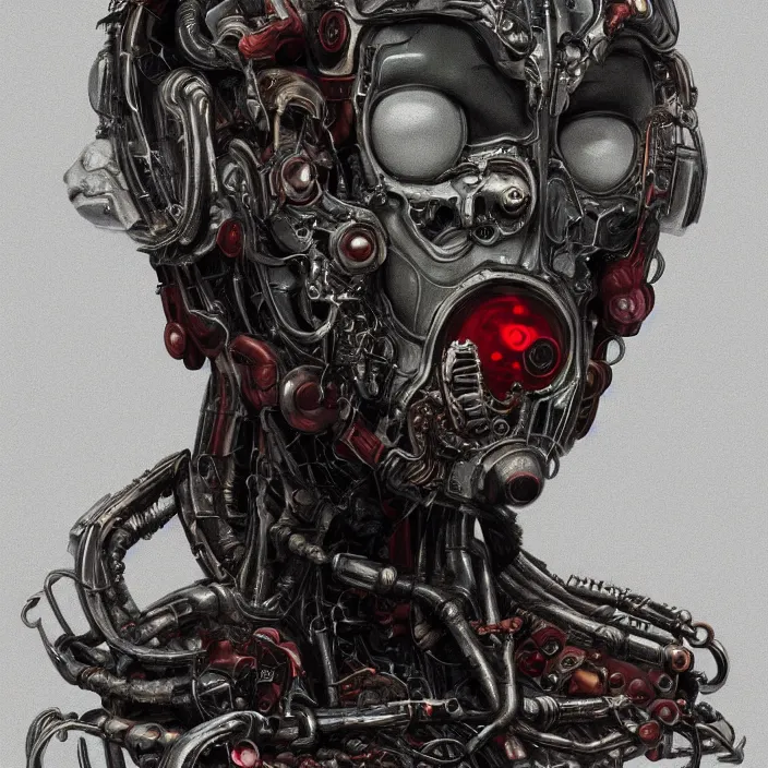 Image similar to in the art style of H.R. Giger,a portrait of a ruby Ultron from Age of Ultron, clockwork steampunk, isometric art style, head and chest only, by Beksinski, 4k, deviantart, trending on artstation