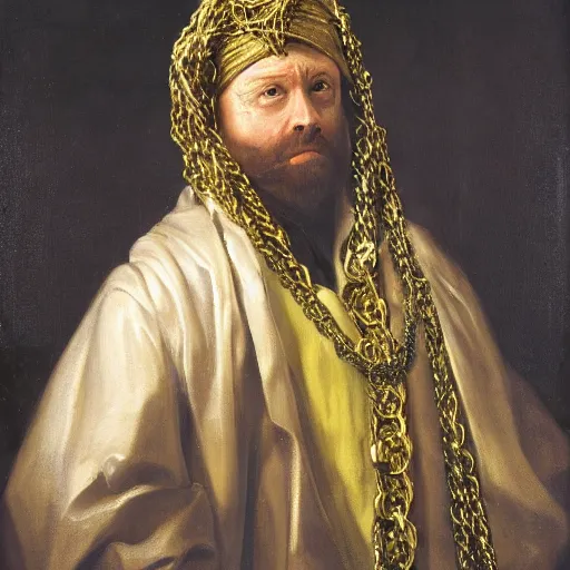 Prompt: a portrait of a man wearing a long pale cloak, face covered by hood, holding gold chains, oil painting, high detail