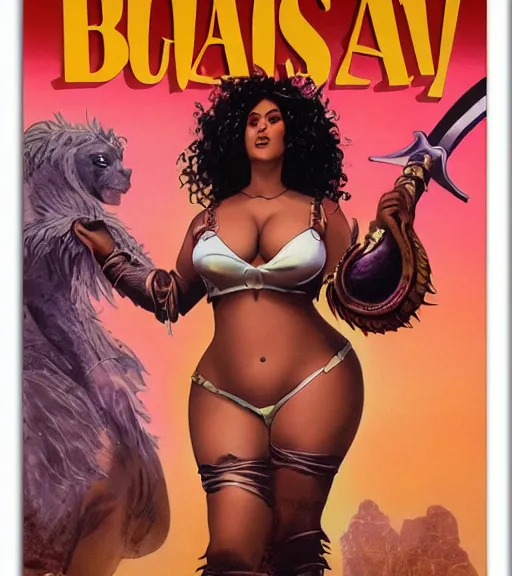 Image similar to 1 9 8 0 s fantasy novel book cover, bbw plus size amazonian doja cat in extremely tight bikini armor wielding a cartoonishly large sword, exaggerated body features, dark and smoky background, low quality print