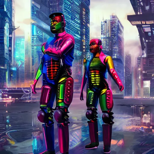 Prompt: stunning award winning hyperrealistic hdr 8 k highly detailed digital painting, trending on artstation of the wiggles cosplaying as cyborgs in futuristic cyberpunk city