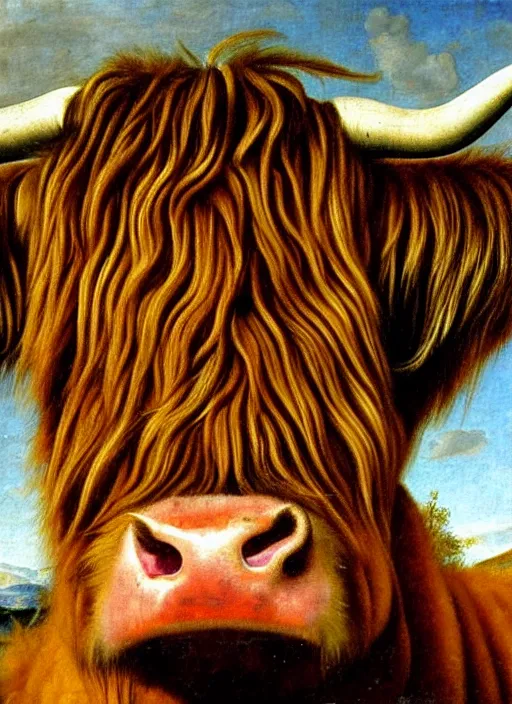 Image similar to oil portrait painting by hans holbein the elder of a highland cow.