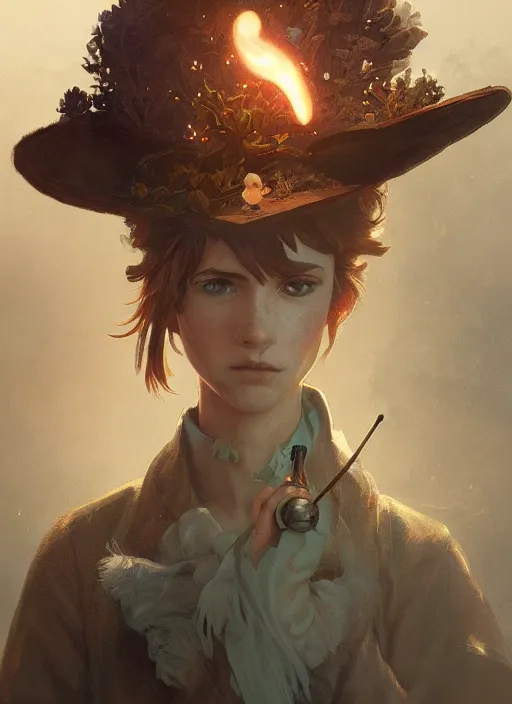 Image similar to asymmetrical!! long shot of a snufkin smoking a pipe, nebula, intricate, elegant, highly detailed, digital painting, artstation, biolusence, concept art, smooth, sharp focus, illustration, art by artgerm and greg rutkowski and alphonse mucha, horizon zero dawn 8 k