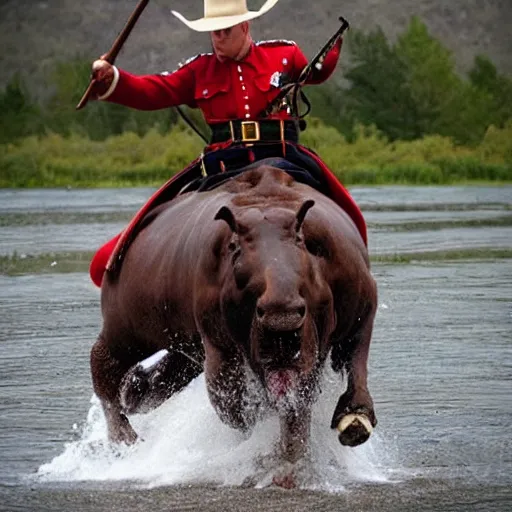 Image similar to a mountie!!!! riding on a hippo!!!!!!!