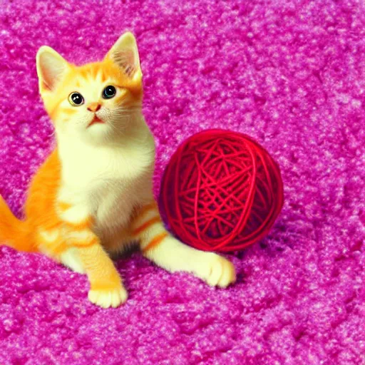 Image similar to orange tabby kitten playing with a ball of yarn, in lego, with pink background