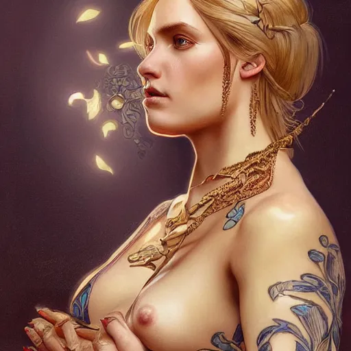 Image similar to ultra realistic illustration, a hot and beautiful tattooed blonde slavic woman in her 3 0's, intricate, elegant, highly detailed, digital painting, artstation, concept art, smooth, sharp focus, illustration, art by artgerm and greg rutkowski and alphonse mucha