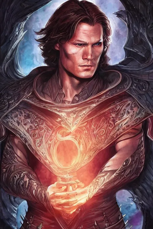 Prompt: masculine sam winchester as a dark mage warrior tattooed in the cover of an acotar book, d & d!, fantasy style, sharp focus!, ultra detailed, art by artgerm and peter andrew jones, wlop