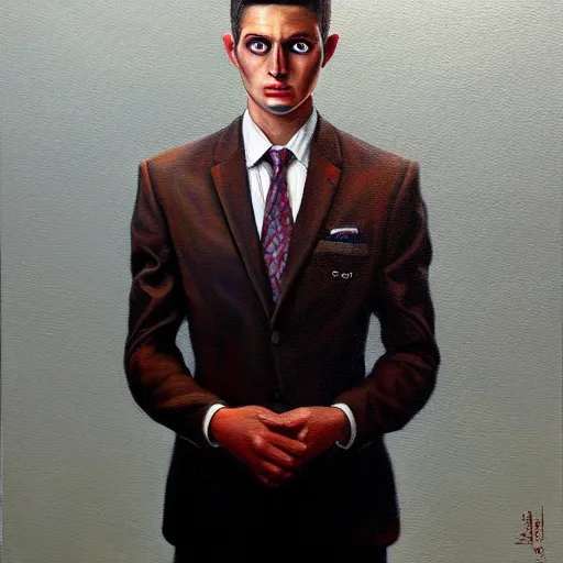 Image similar to a hyper realistic painting of a calm young man in a burning business suit, his clothes is burning, full body painting, coherent symmetrical eyes, by jeffrey smith, by andrea kowch, by steve henderson, masterpiece, trending on artstation,