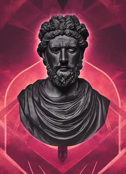 Image similar to design poster showing a statue of marcus aurelius, black background with very subtle red and purple design elements, powerful, nekro, graphic design, collage art, thin lines, dark, glitch art, neo vaporwave, gritty, layout frame, square, trending on artstation