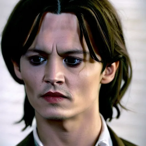 Prompt: Film Still of a Young Adult Johnny Depp playing Tom Riddle in Harry Potter, Film Still, realistic, hyperrealistic, very realistic, very very realistic, highly detailed, very detailed, extremely detailed, detailed, detailed face, very detailed face, very detailed face, realism, HD Quality, 8k resolution, intricate details, body and head in frame, Real Life