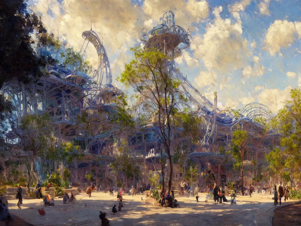 Image similar to impressionist brushstrokes!!!! solomon joseph solomon and richard schmid and jeremy lipking victorian loose genre loose painting of a busy elaborate ornate outdoor sci - fi park, cinematic, shadows, partly cloudy day, 4 k, detailed, by ( ( ( zaha hadid and beeple ) ) )