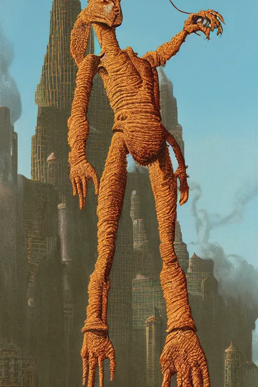 Image similar to Artwork by Tim White of Abe the Forgotten Beast, A towering humanoid composed of rose gold, with a gaunt appearance and a matted grey fur